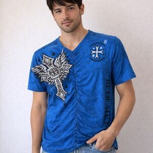 Raw State Redemption Mens LG Blue Graphic Shirt Cross Wings Skull Y2K Streetwear
